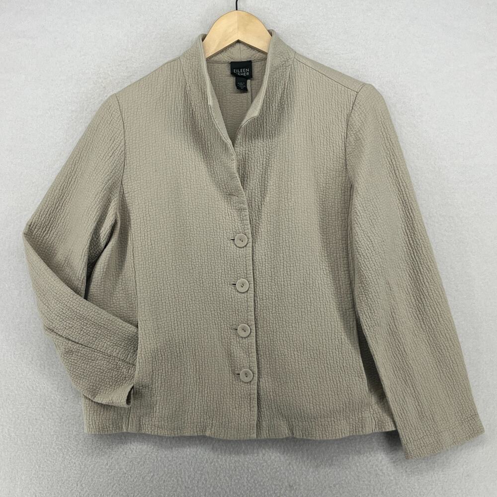 EILEEN FISHER Jacket PL Organic Cotton Crinkle Textured Button Up Blazer Stone
